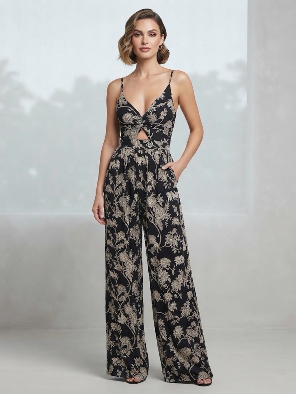 Angie black floral jumpsuit with knot front